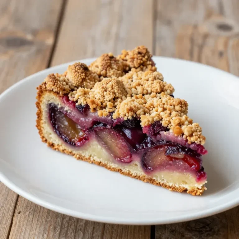 Ein frisch gebackener Zwetschgendatschi mit Streusel auf einem Holztisch.