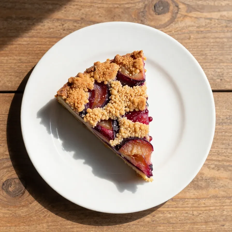 Ein frisch gebackener Zwetschgendatschi mit Streusel auf einem Holztisch.