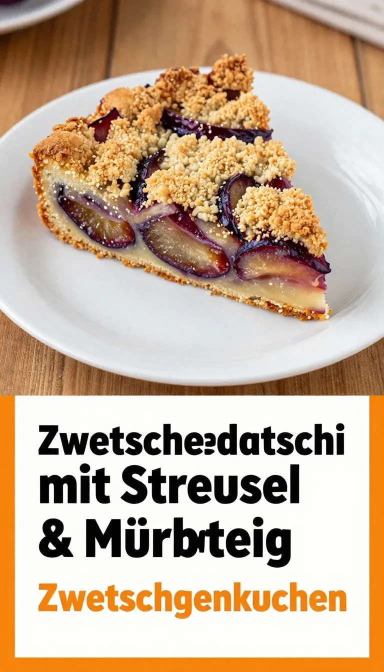 Ein frisch gebackener Zwetschgendatschi mit Streusel auf einem Holztisch.
