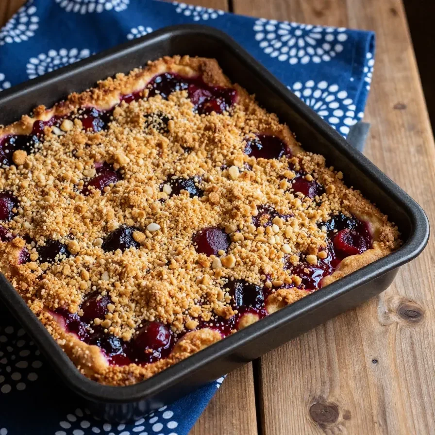 Zwetschgenkuchen mit Quark-Öl-Teig auf einem Blech, frisch gebacken und saftig.