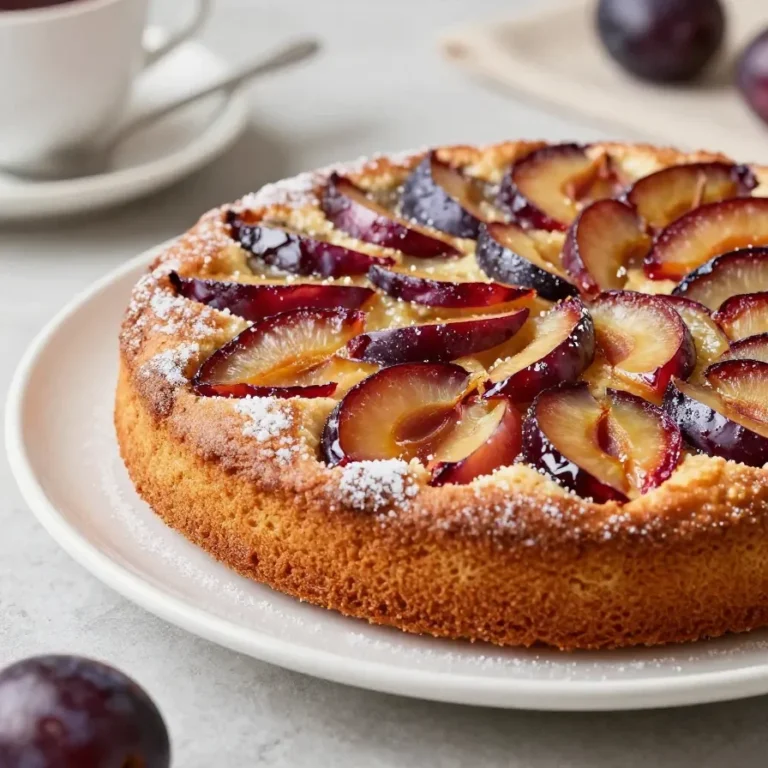 Ein frisch gebackener versunkener Pflaumenkuchen auf einem Holztisch.