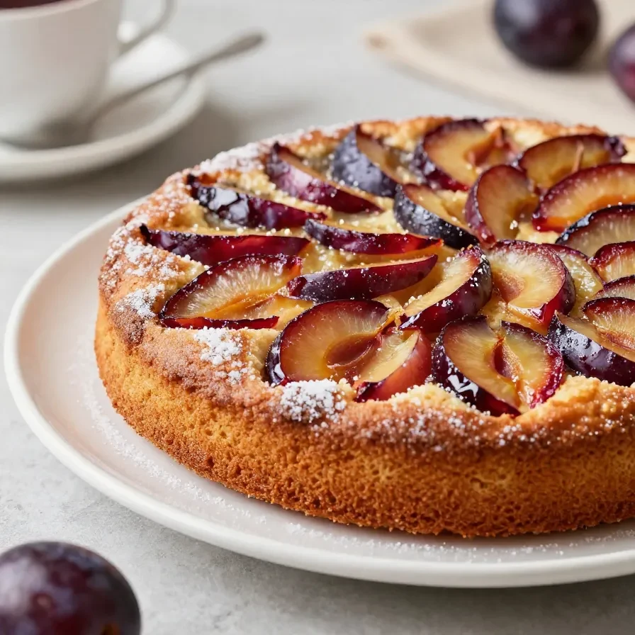 Ein frisch gebackener versunkener Pflaumenkuchen auf einem Holztisch.
