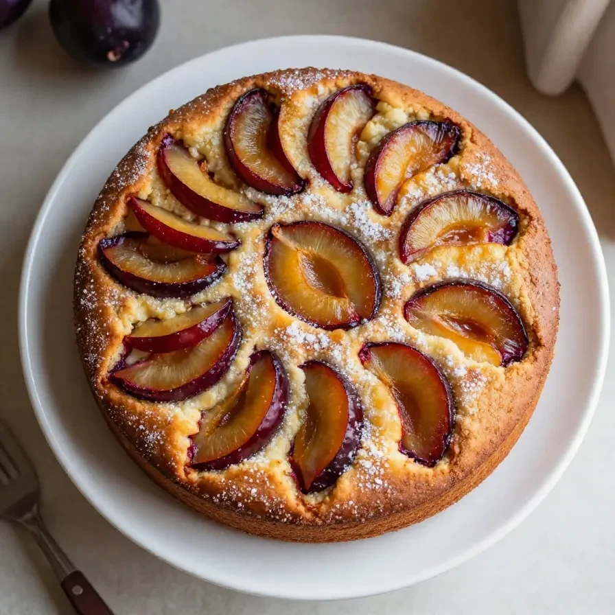 Ein frisch gebackener versunkener Pflaumenkuchen auf einem Holztisch.