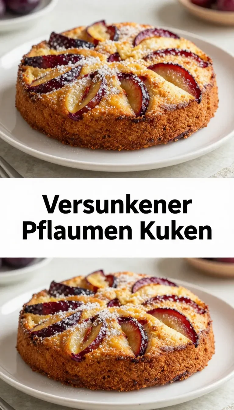Ein frisch gebackener versunkener Pflaumenkuchen auf einem Holztisch.