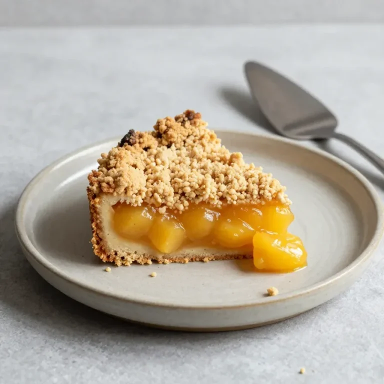 Ein frisch gebackener Mirabellenkuchen mit Pudding auf einem Holztisch.