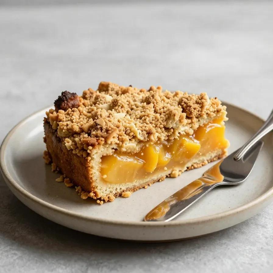 Ein frisch gebackener Mirabellenkuchen mit Pudding auf einem Holztisch.
