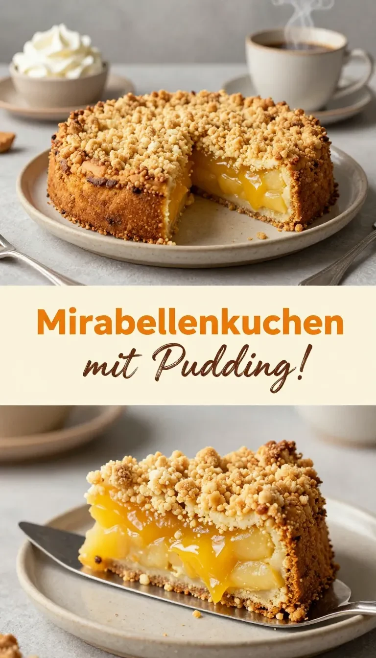 Ein frisch gebackener Mirabellenkuchen mit Pudding auf einem Holztisch.