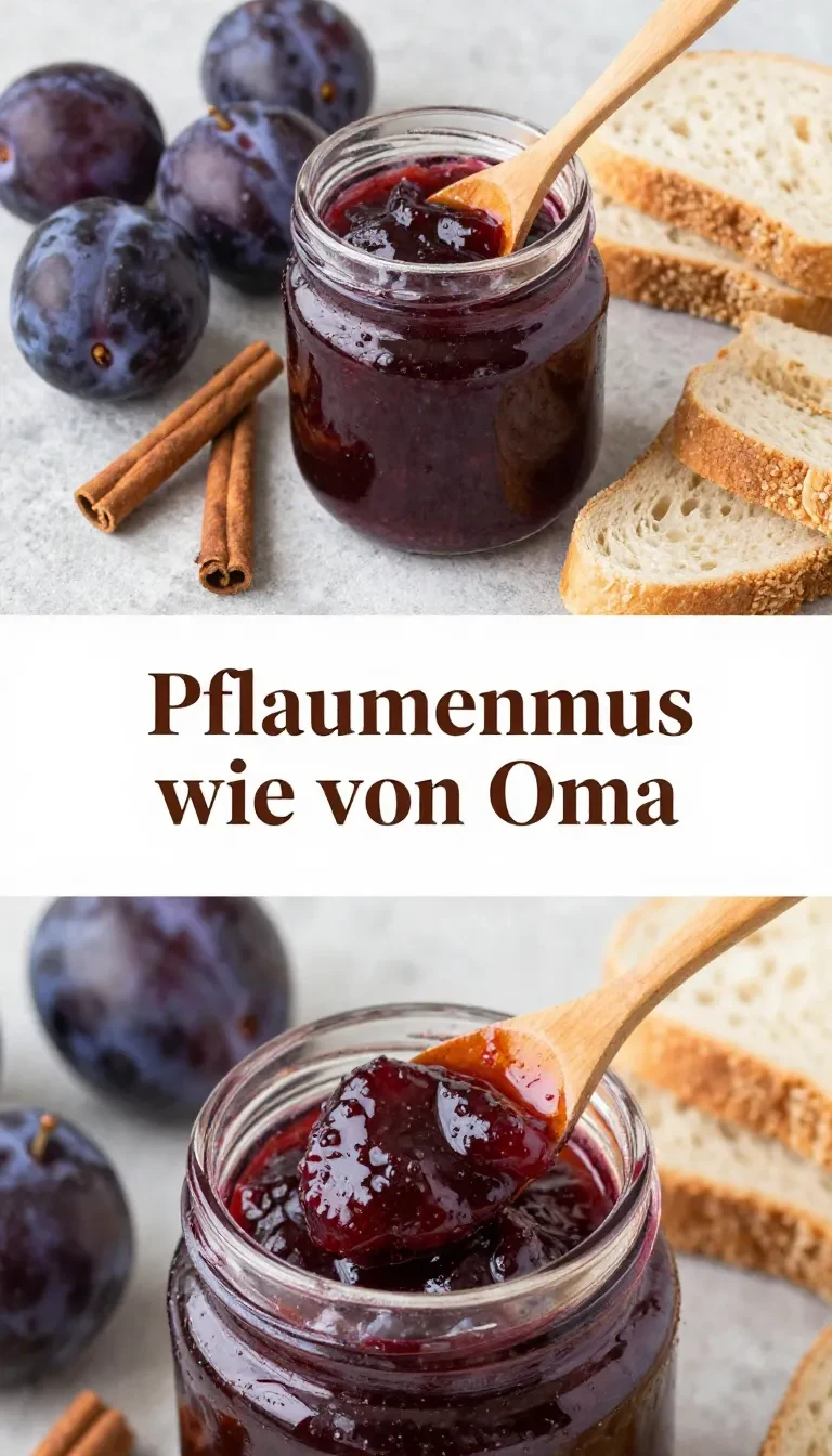 Ein Glas selbstgemachtes Pflaumenmus auf einem Holztisch, umgeben von frischen Pflaumen.