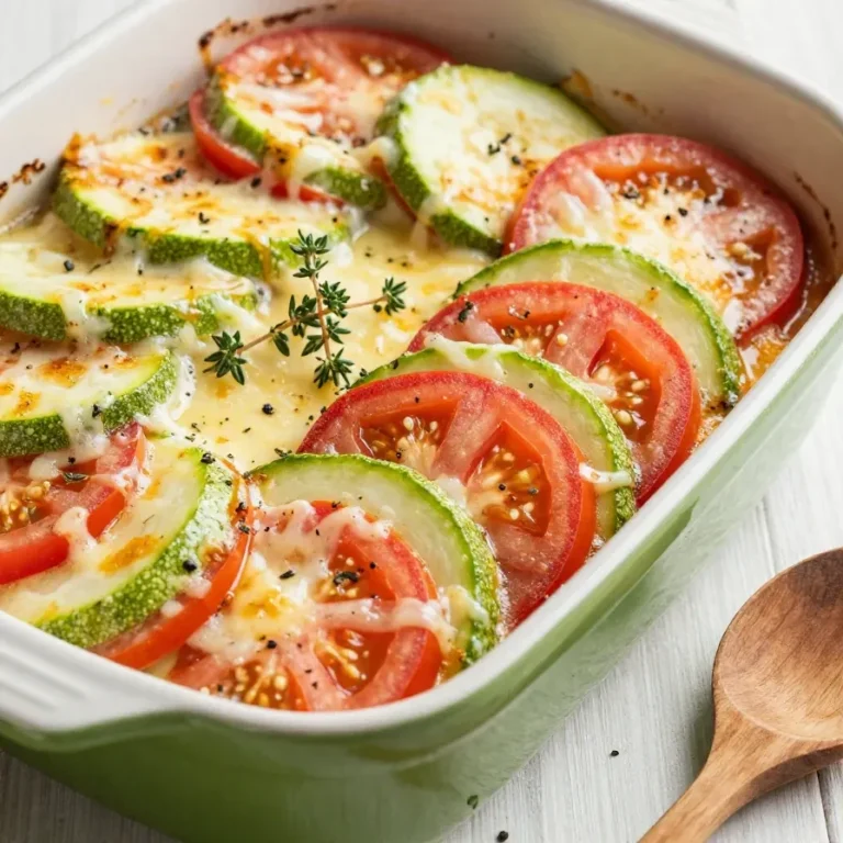 Ein frisch gebackener Tomaten-Zucchini-Auflauf mit geschmolzenem Mozzarella, serviert in einer weißen Auflaufform.