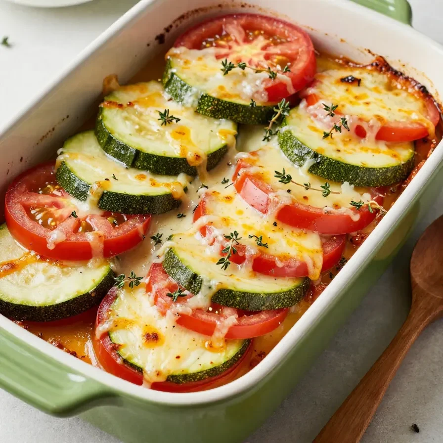 Ein frisch gebackener Tomaten-Zucchini-Auflauf mit geschmolzenem Mozzarella, serviert in einer weißen Auflaufform.