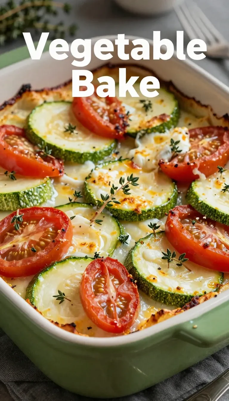 Ein frisch gebackener Tomaten-Zucchini-Auflauf mit geschmolzenem Mozzarella, serviert in einer weißen Auflaufform.