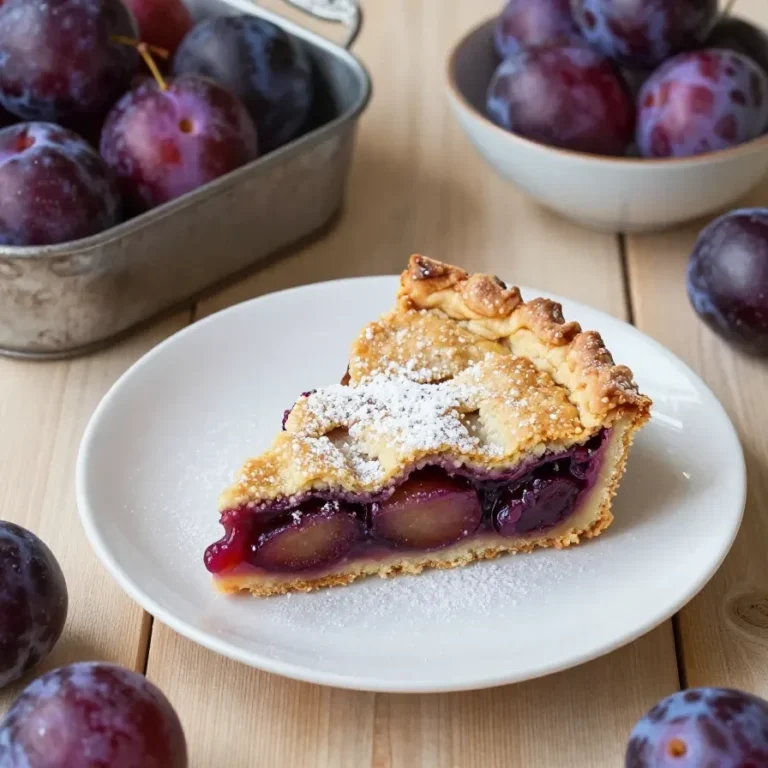 Ein frisch gebackener polnischer Zwetschgenkuchen vom Blech mit einer goldbraunen Baiser-Schicht.