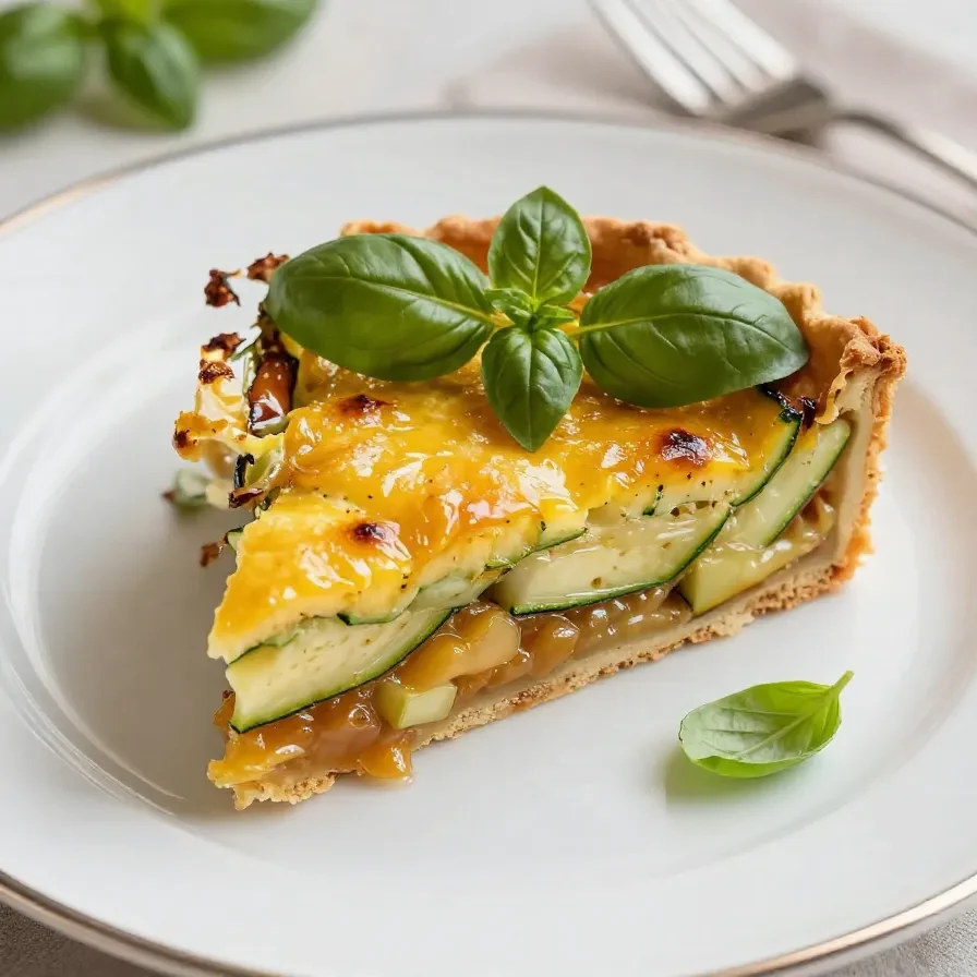 Eine krustenlose Zucchini-Quiche, goldbraun gebacken und appetitlich serviert.