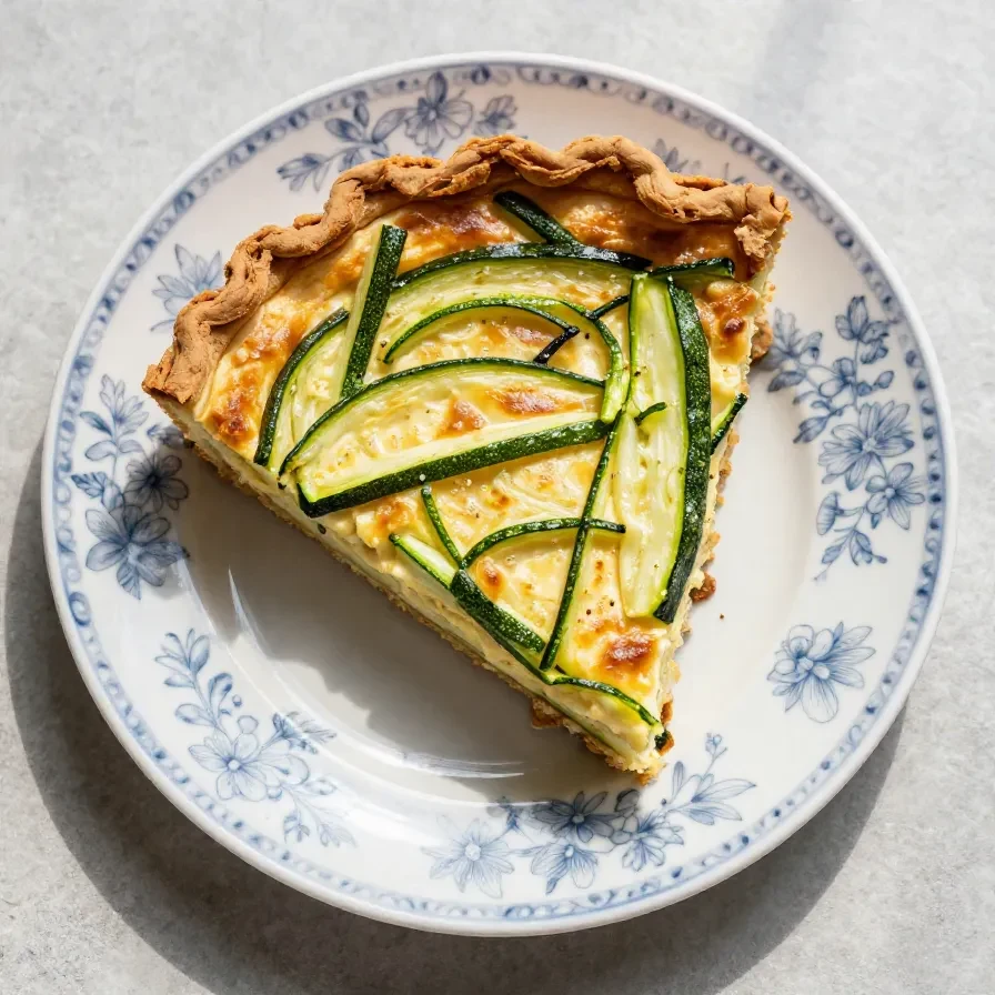 Eine kohlenhydratarme Zucchini-Quiche ohne Kruste auf einem weißen Teller.