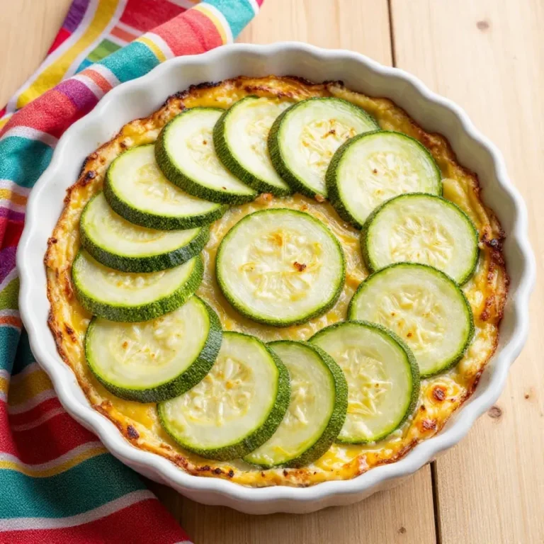 Ein frisch gebackener Zucchini-Zwiebel-Kuchen auf einem Holzbrett.
