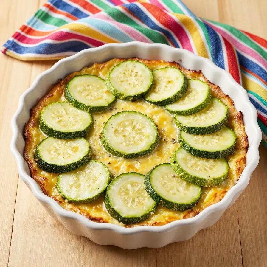 Ein frisch gebackener Zucchini-Zwiebel-Kuchen auf einem Holzbrett.