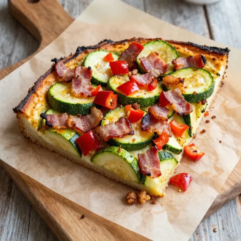 Frisch zubereitetes Zucchini-Gericht mit knusprigen Speck-Scheiben auf einem weißen Teller.