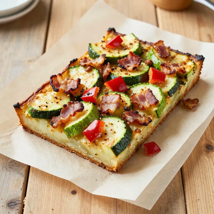Frisch zubereitetes Zucchini-Gericht mit knusprigen Speck-Scheiben auf einem weißen Teller.