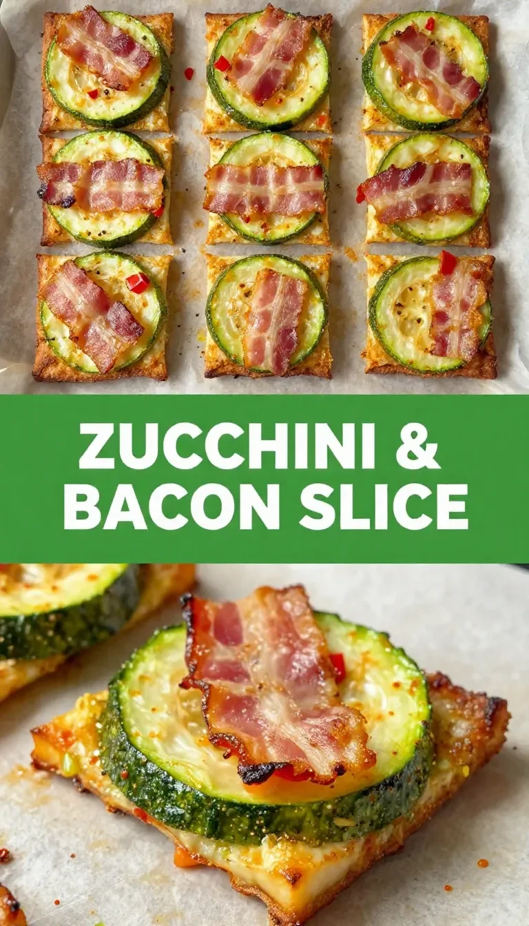Frisch zubereitetes Zucchini-Gericht mit knusprigen Speck-Scheiben auf einem weißen Teller.