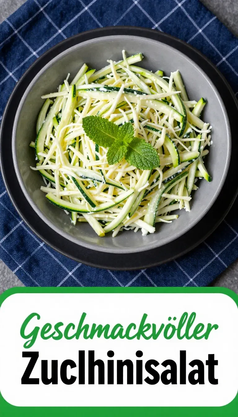 Frischer Zucchinisalat mit Apfelstücken und Minzblättern auf einem weißen Teller.