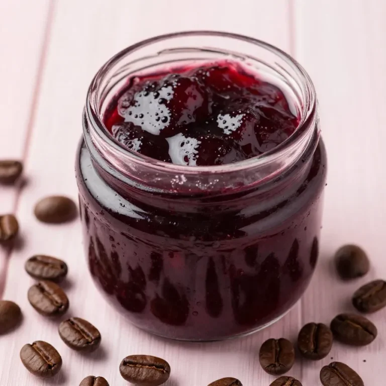 Ein Glas Espresso-Kirsch-Marmelade auf einem Holztisch mit frischen Kirschen und einer Espressotasse daneben.