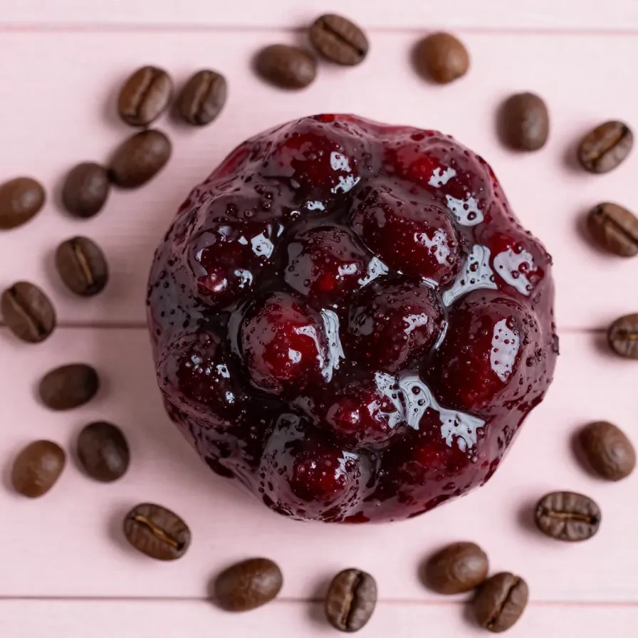 Ein Glas Espresso-Kirsch-Marmelade auf einem Holztisch mit frischen Kirschen und einer Espressotasse daneben.