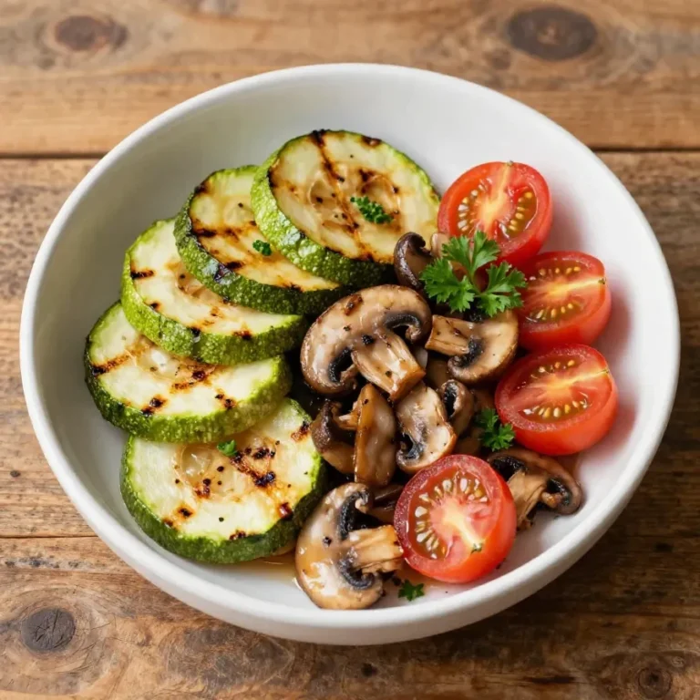 Frischer Zucchini-Champignon-Tomatensalat mit Balsamico-Dressing auf einem weißen Teller.