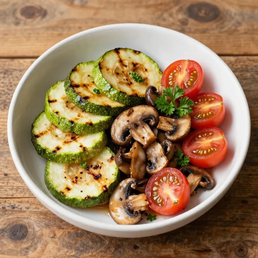 Frischer Zucchini-Champignon-Tomatensalat mit Balsamico-Dressing auf einem weißen Teller.