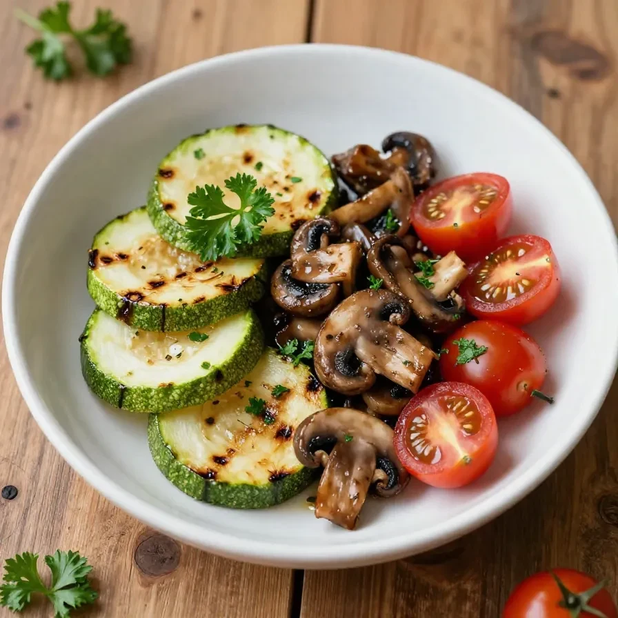 Frischer Zucchini-Champignon-Tomatensalat mit Balsamico-Dressing auf einem weißen Teller.