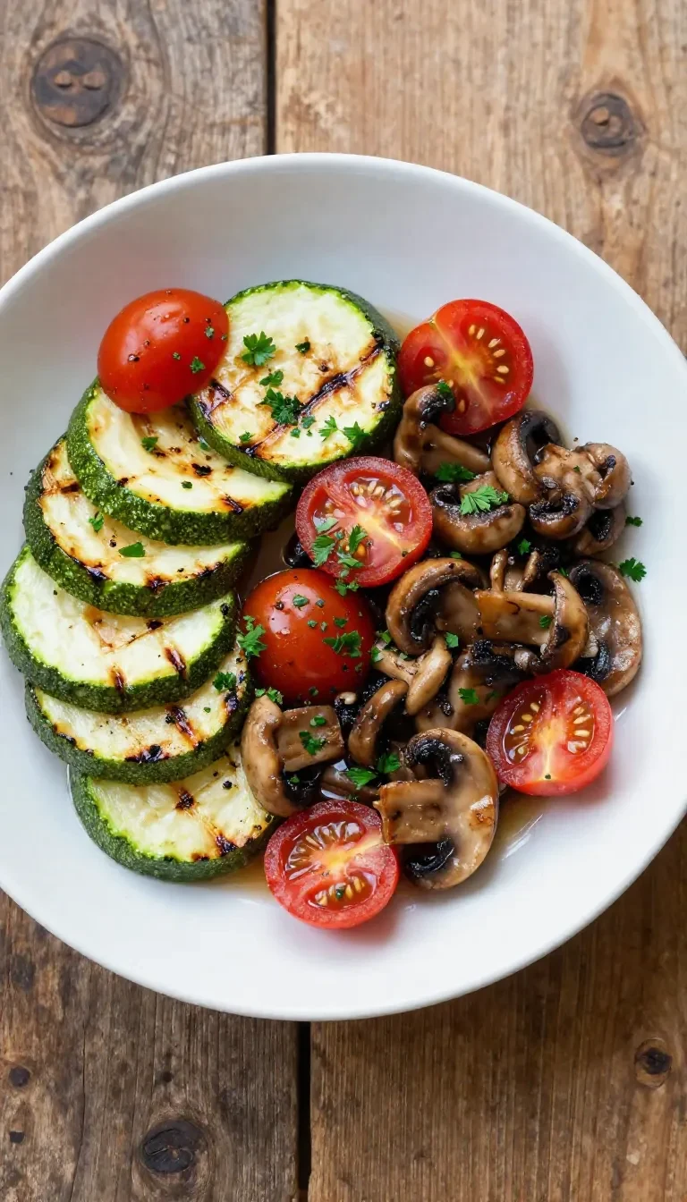 Frischer Zucchini-Champignon-Tomatensalat mit Balsamico-Dressing auf einem weißen Teller.