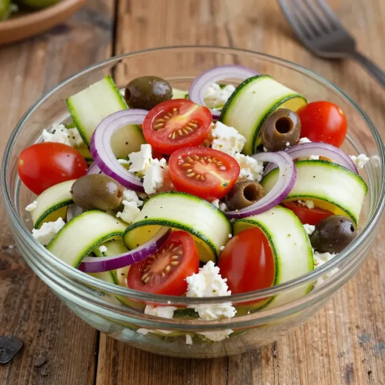 Frischer griechischer Zucchini-Salat mit Feta und Oliven auf einem Teller serviert.
