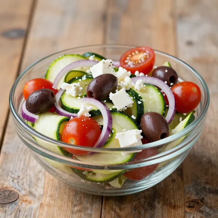 Frischer griechischer Zucchini-Salat mit Feta und Oliven auf einem Teller serviert.