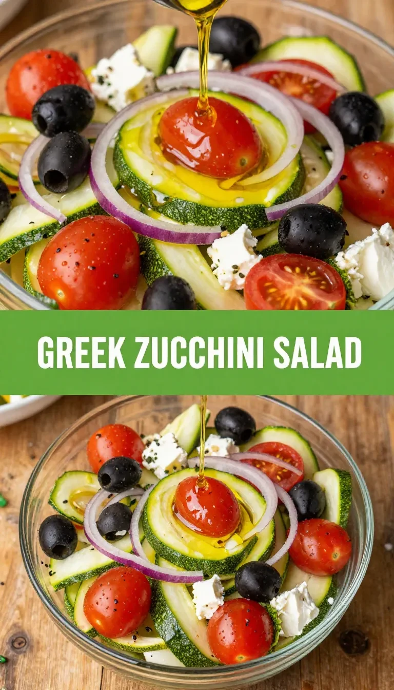 Frischer griechischer Zucchini-Salat mit Feta und Oliven auf einem Teller serviert.