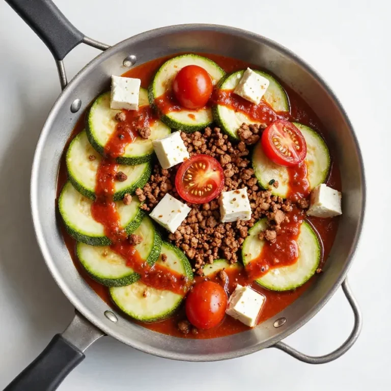 Eine gesunde Zucchini-Hackfleisch-Pfanne mit frischen Zutaten in einer weißen Keramikpfanne.