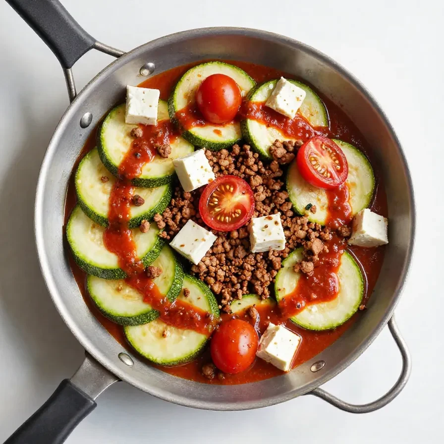 Eine gesunde Zucchini-Hackfleisch-Pfanne mit frischen Zutaten in einer weißen Keramikpfanne.