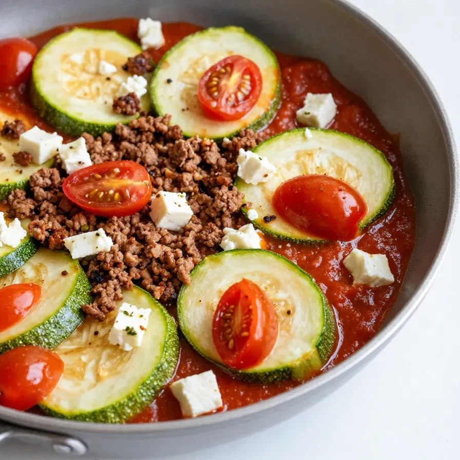 Eine gesunde Zucchini-Hackfleisch-Pfanne mit frischen Zutaten in einer weißen Keramikpfanne.