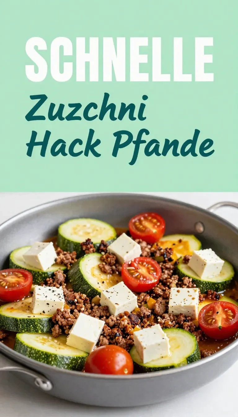 Eine gesunde Zucchini-Hackfleisch-Pfanne mit frischen Zutaten in einer weißen Keramikpfanne.