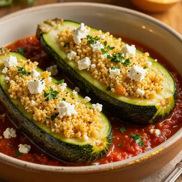 Gefüllte Zucchinis mit Couscous und Feta auf einem weißen Teller serviert