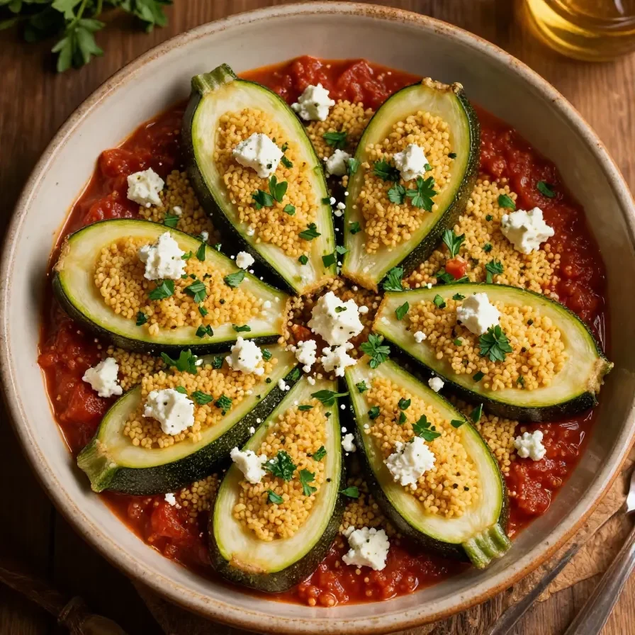 Gefüllte Zucchinis mit Couscous und Feta auf einem weißen Teller serviert