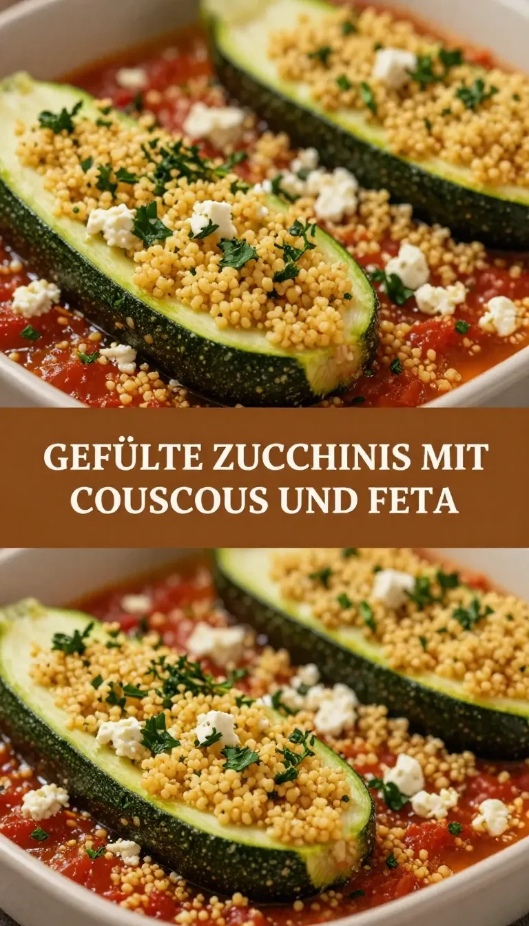 Gefüllte Zucchinis mit Couscous und Feta auf einem weißen Teller serviert
