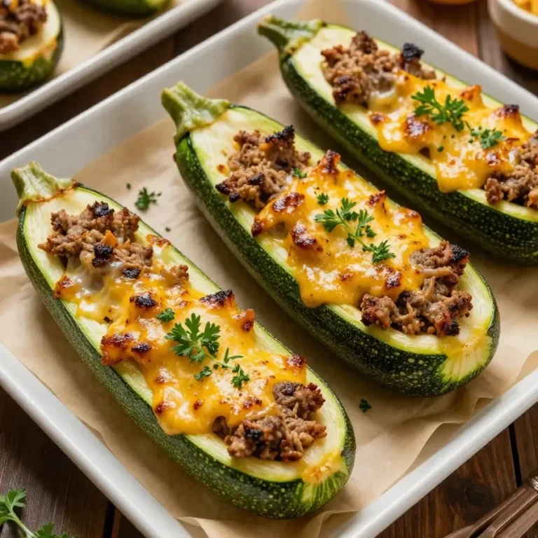 Gefüllte Zucchiniboote mit Hackfleisch und Käse überbacken, serviert auf einem weißen Teller.