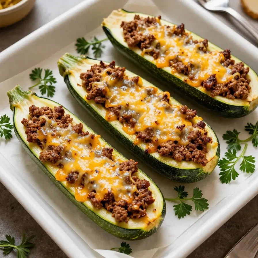 Gefüllte Zucchiniboote mit Hackfleisch und Käse überbacken, serviert auf einem weißen Teller.