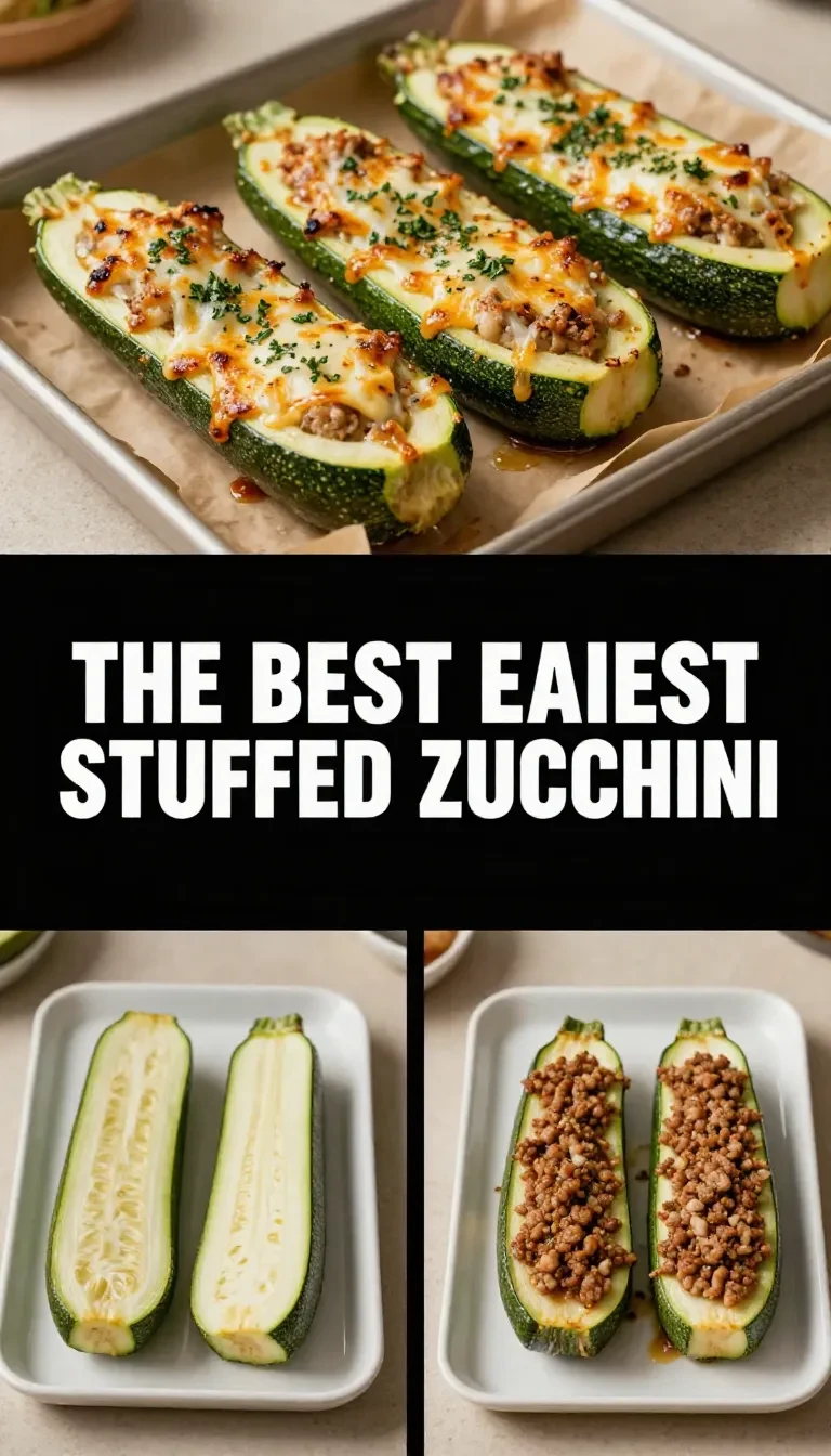 Gefüllte Zucchiniboote mit Hackfleisch und Käse überbacken, serviert auf einem weißen Teller.
