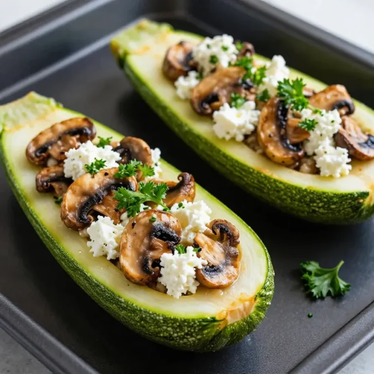 Gefüllte Zucchini mit Champignons und Kräutern auf einem weißen Teller
