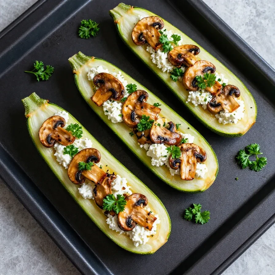 Gefüllte Zucchini mit Champignons und Kräutern auf einem weißen Teller