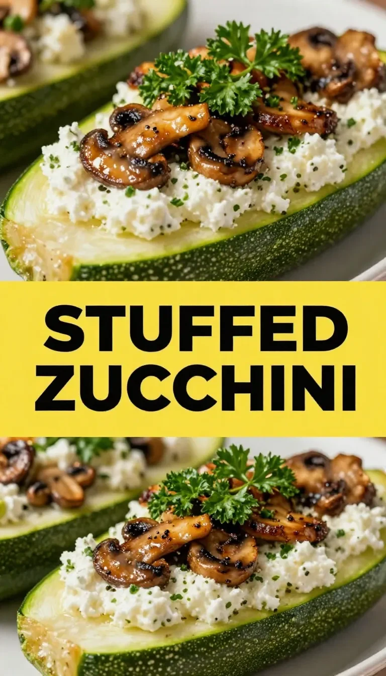 Gefüllte Zucchini mit Champignons und Kräutern auf einem weißen Teller