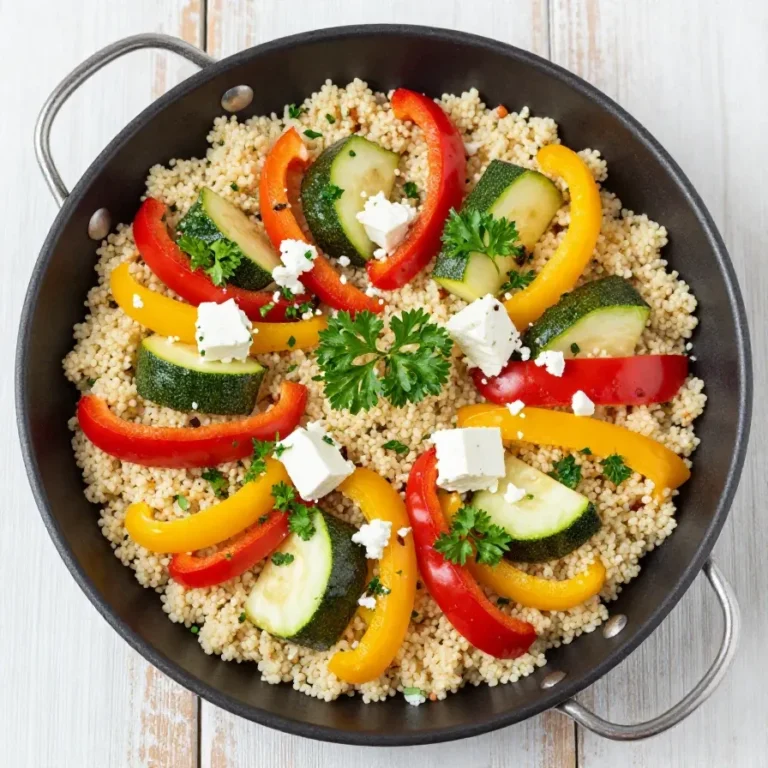 Eine gesunde Couscous-Pfanne mit Zucchini und Feta, frisch zubereitet und serviert.