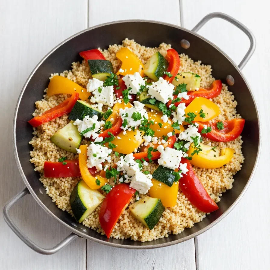 Eine gesunde Couscous-Pfanne mit Zucchini und Feta, frisch zubereitet und serviert.