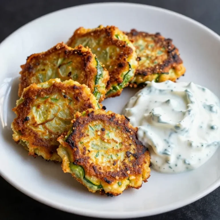 Ein Teller mit fluffigen Zucchinipuffern, serviert mit cremigem Tzatziki und Feta-Stücken.