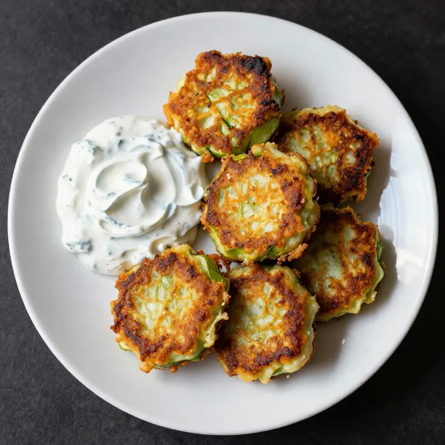 Ein Teller mit fluffigen Zucchinipuffern, serviert mit cremigem Tzatziki und Feta-Stücken.